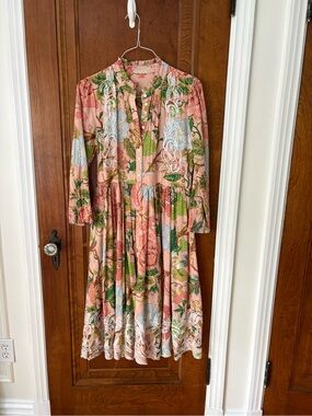 Soft Surroundings Pink Floral Midi Dress with Green and Blue Accents - small